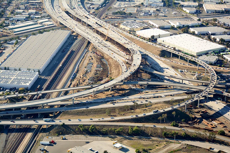 Industrial buildings along the 91 Freeway in Corona, CA